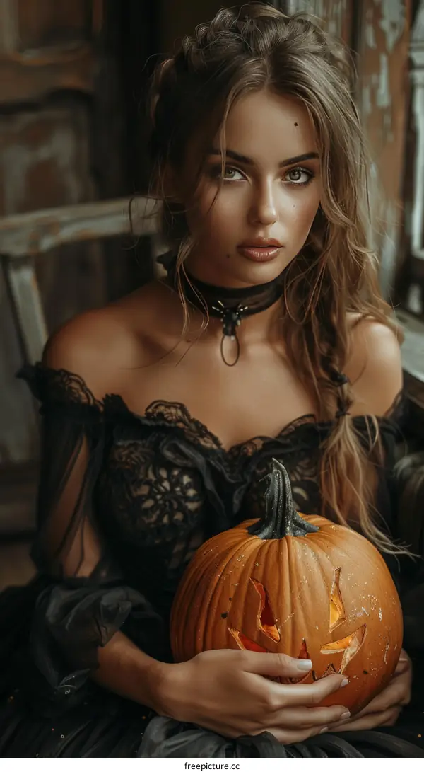mystical young woman with pumpkin