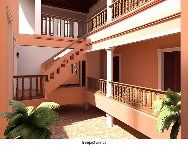 Interior Design Of A Building With Stairs And Balconies
