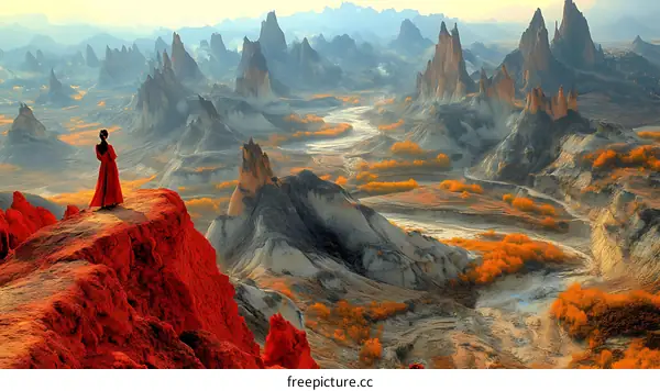 Woman Standing on a Red Cliff in a Colorful Canyon Landscape