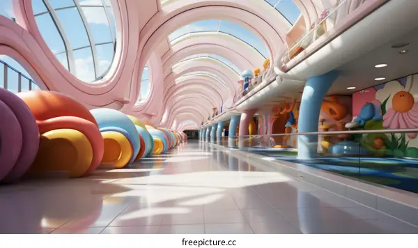 Colorful and Playful Children's Museum with Rainbow Play Pods and Themed Rooms