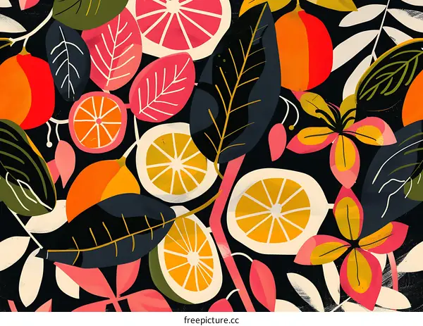 Citrus Fruit and Leaves Seamless Pattern Illustration