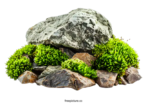 [Transparent Background PNG]Green Moss and Stone Isolated on White Background