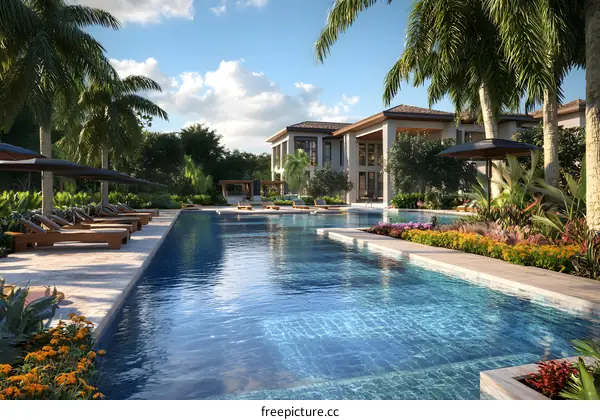 Luxury Villa Pool and Patio with Palm Trees and Lush Greenery