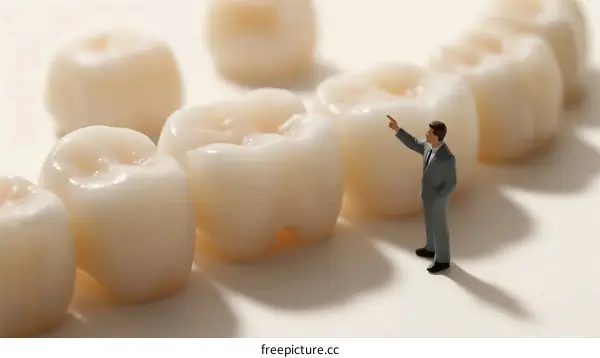 Miniature Figure Pointing at Teeth, Dental Health Concept