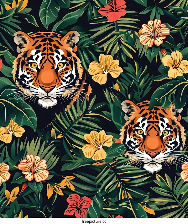 Tropical Jungle Seamless Pattern With Two Tigers