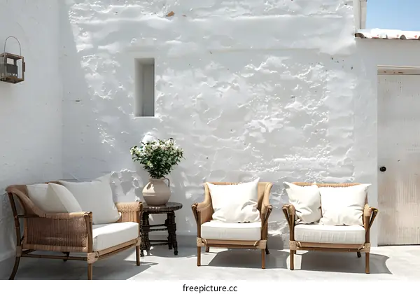 White Wall With Wicker Chairs And Flowers