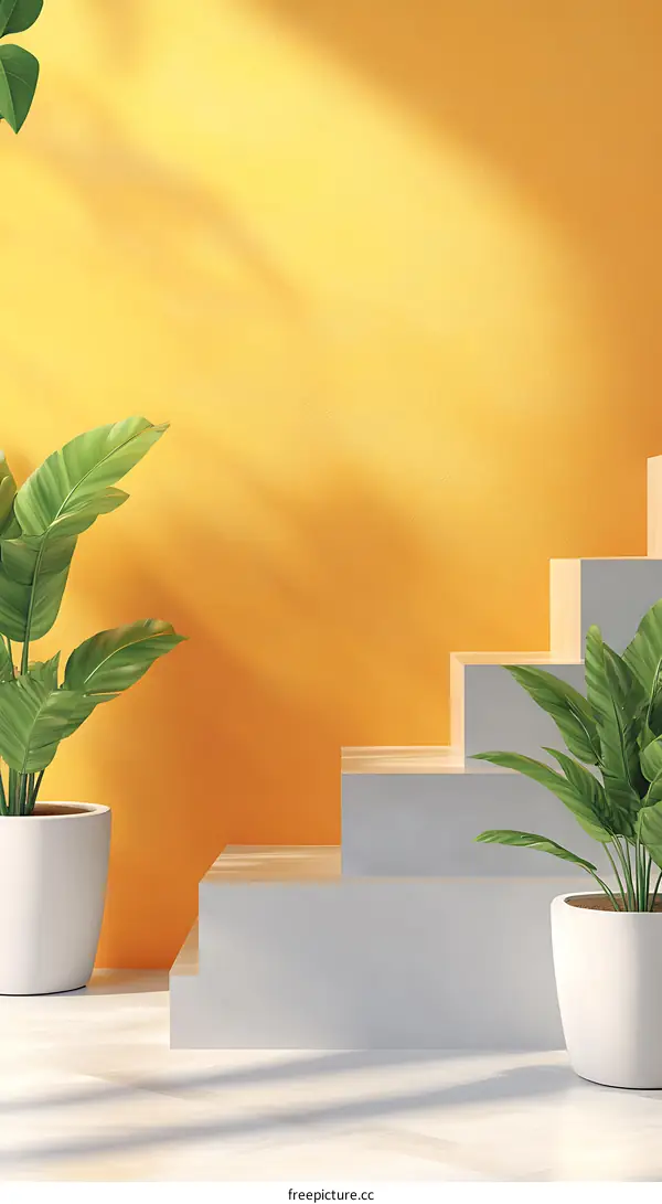 Minimalist Yellow Wall Background with Wooden and White Steps and Plants