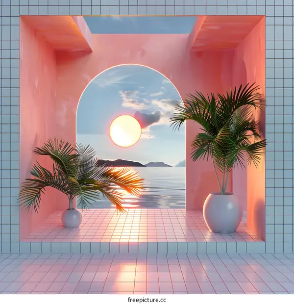 Pink Archway With Palm Trees and Ocean View