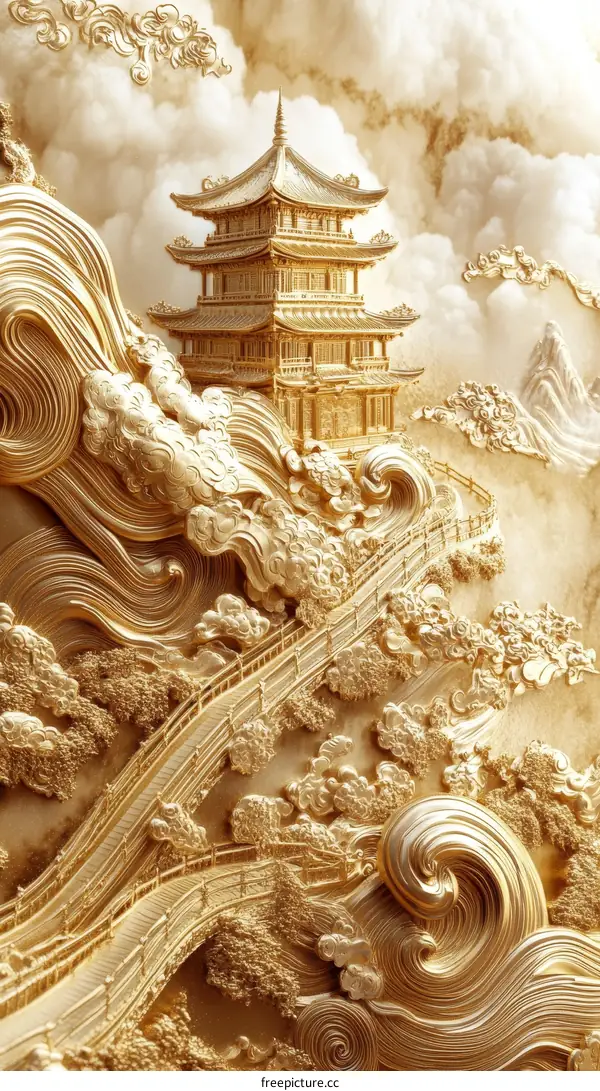 Golden Chinese Architecture Illustration