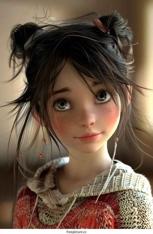 Cute Cartoon Girl with Brown Hair and Freckles