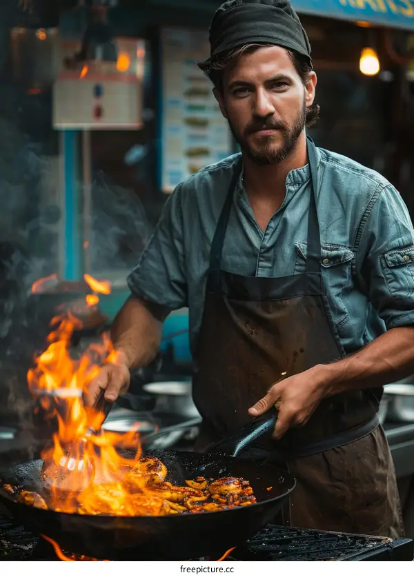 Focused male chef cooking food with fire in the kitchen