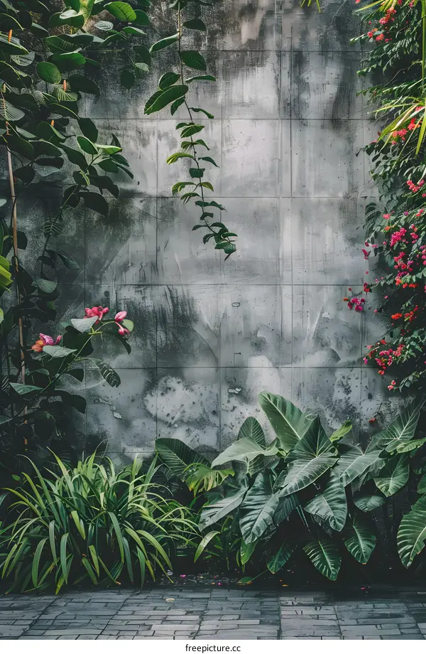 Green Plants Against a Gray Concrete Wall