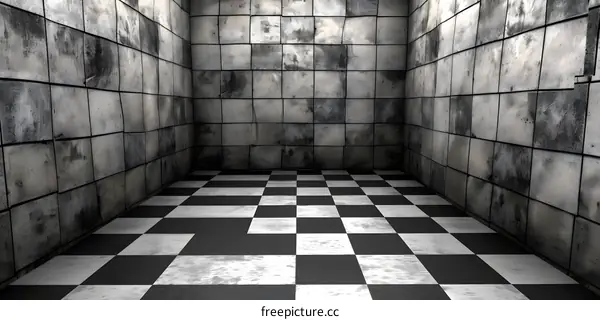 Checkered Floor Tile Empty Room 3D Render