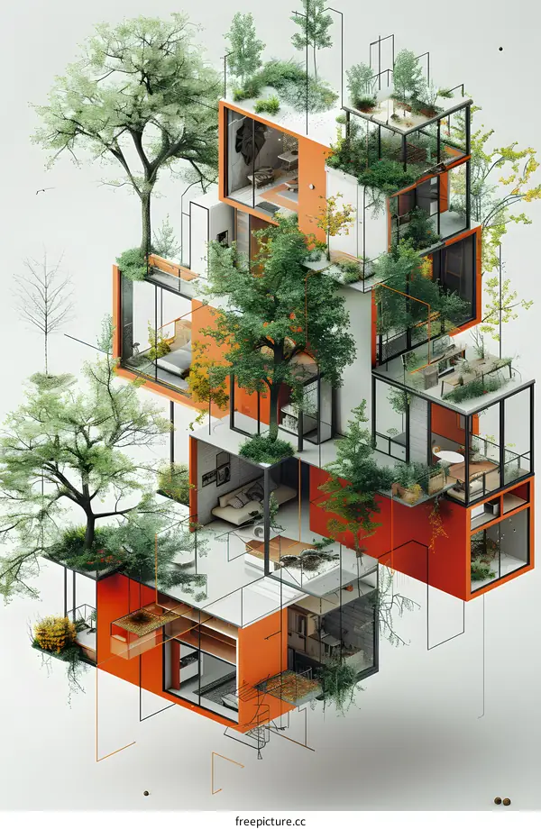 A cutaway illustration of a modern house with trees and plants growing on and around it