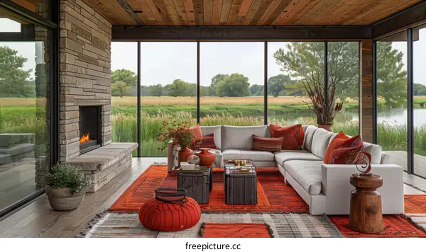 Modern living room with large windows overlooking a lake