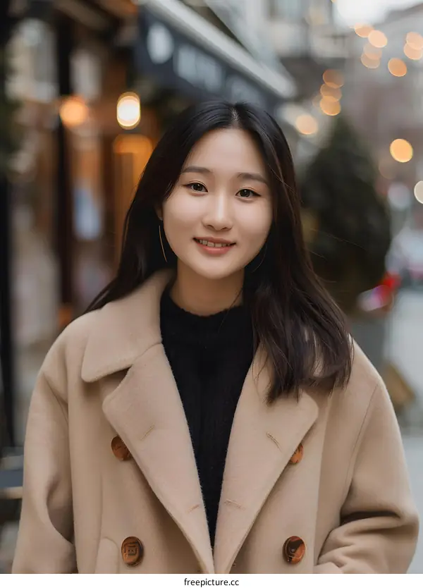 Smiling Asian Woman in a Brown Coat in a City