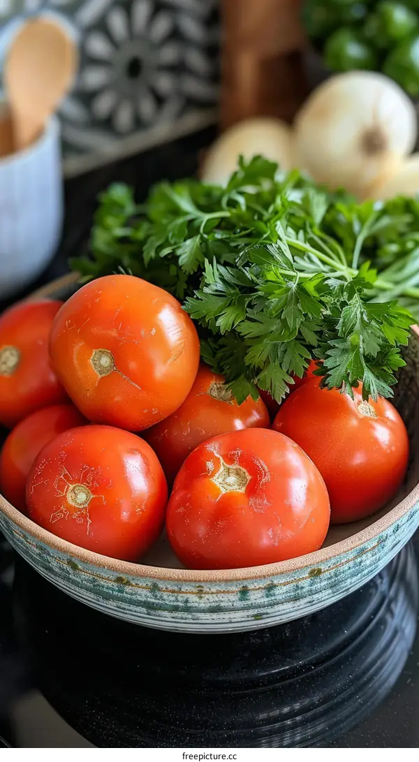 A bowl of ripe tomatoes with fresh green parsley on a table