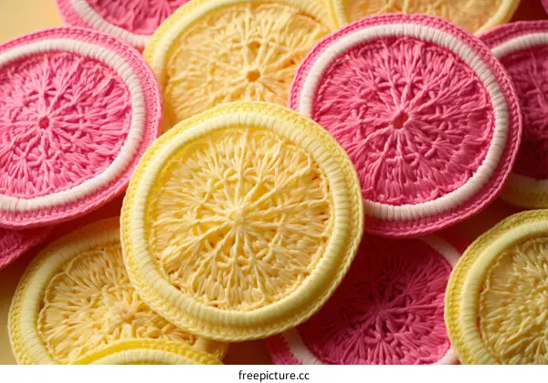 A variety of crocheted lemon slices in different colors
