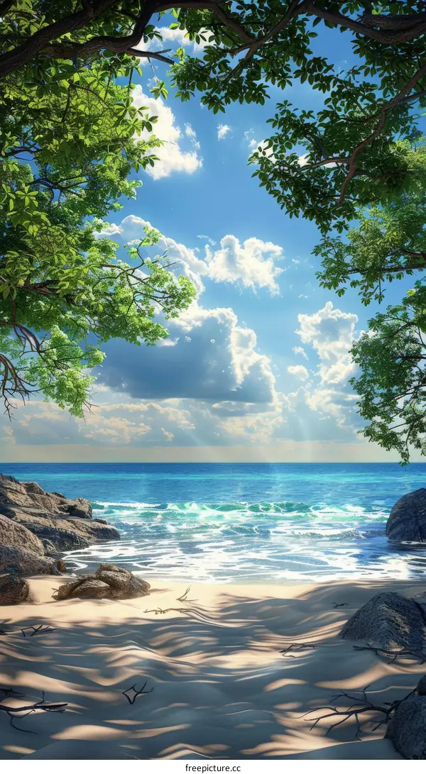 Tranquil Tropical Beach with Lush Green Trees