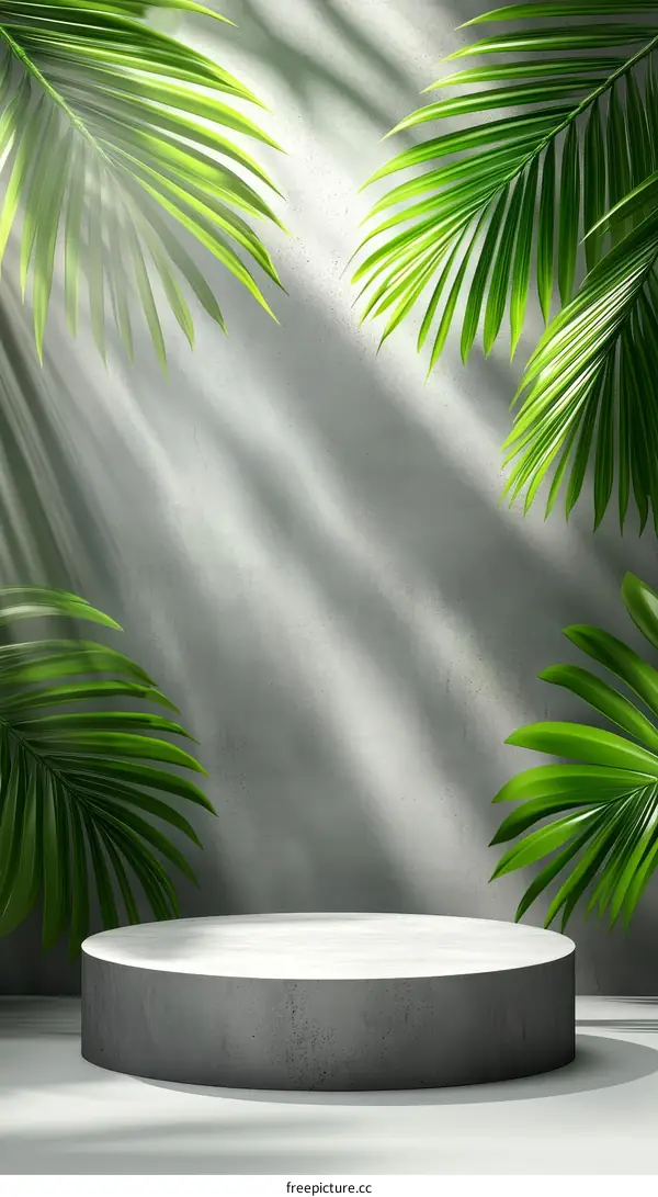 Empty Display Podium with Tropical Palm Leaves
