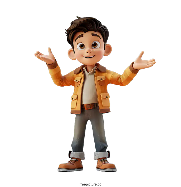 [Transparent Background PNG]A 3D rendering of a young boy wearing a yellow jacket and blue jeans.