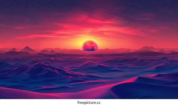 Retrofuturism landscape with a large moon