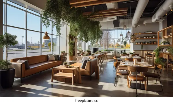 Modern restaurant interior with large windows and plants