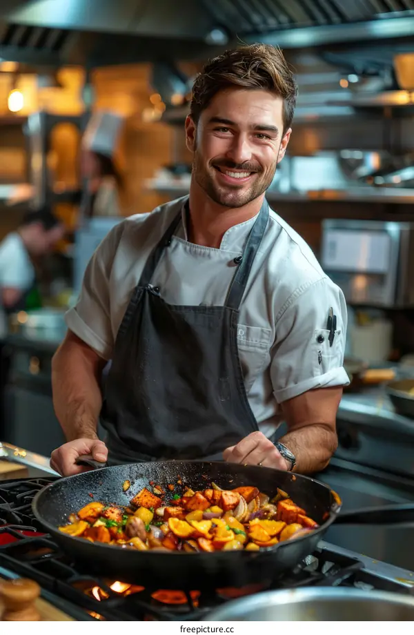 Handsome male chef in a professional kitchen