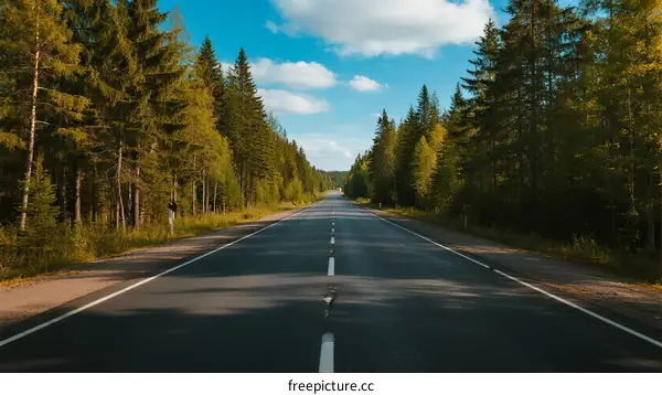 A long empty road surrounded by lush green trees under a clear blue sky