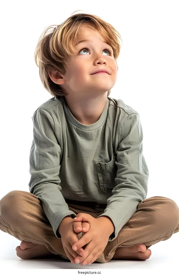 Young Boy Sitting Cross Legged Looking Up In Thought