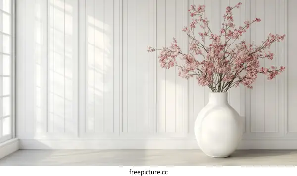 Elegant White Room with Pink Cherry Blossoms