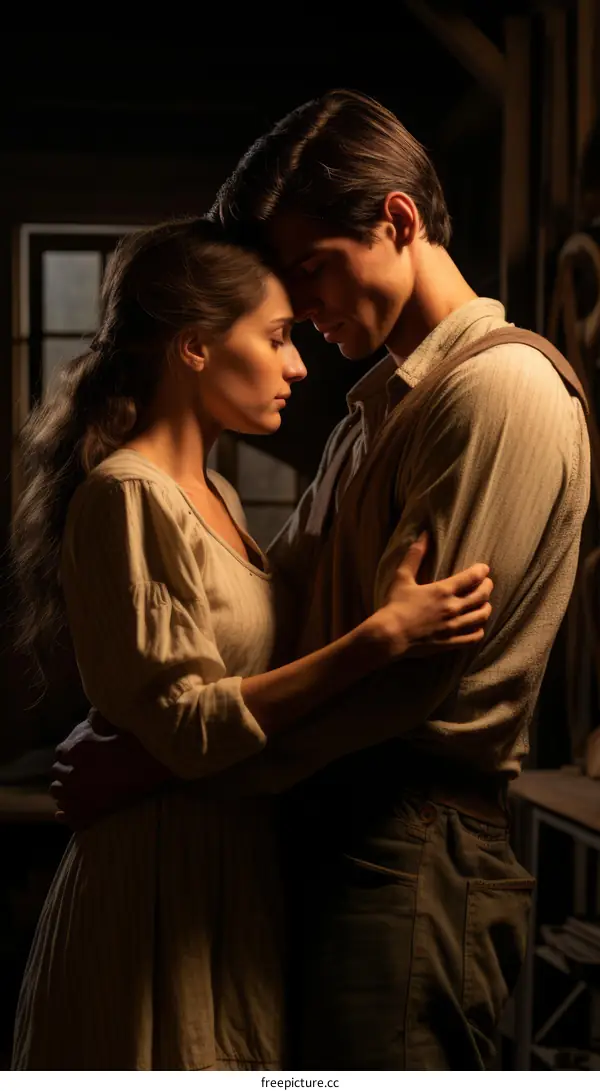 A couple is hugging in the barn.