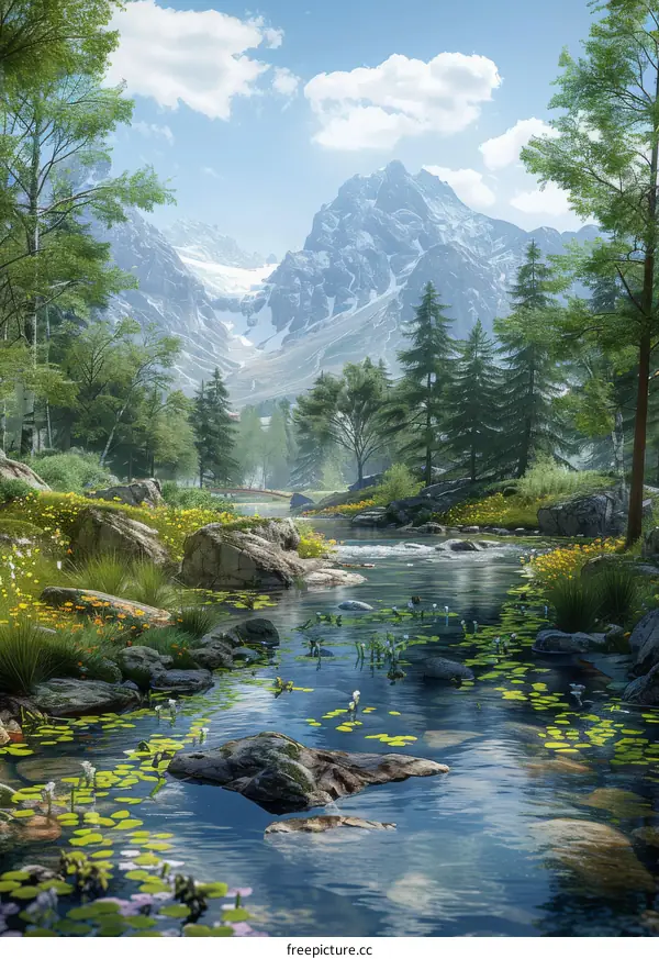 A scenic landscape featuring a meandering river framed by lush trees and towering mountains