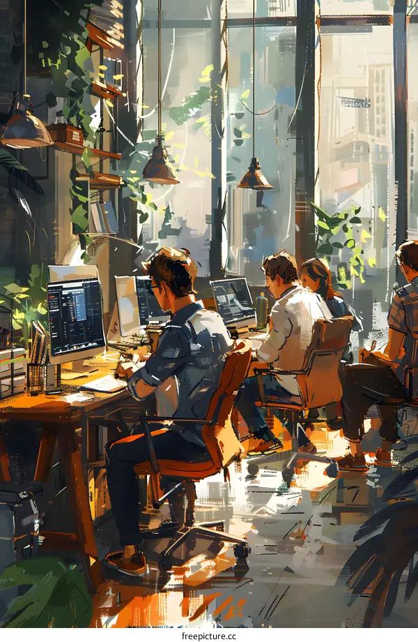 Four people working in an office