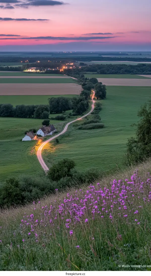 Sunset Over the Rural Landscape with Winding Road