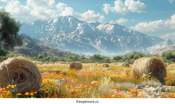Scenic Mountain Landscape with Colorful Flowers and Hay Bales