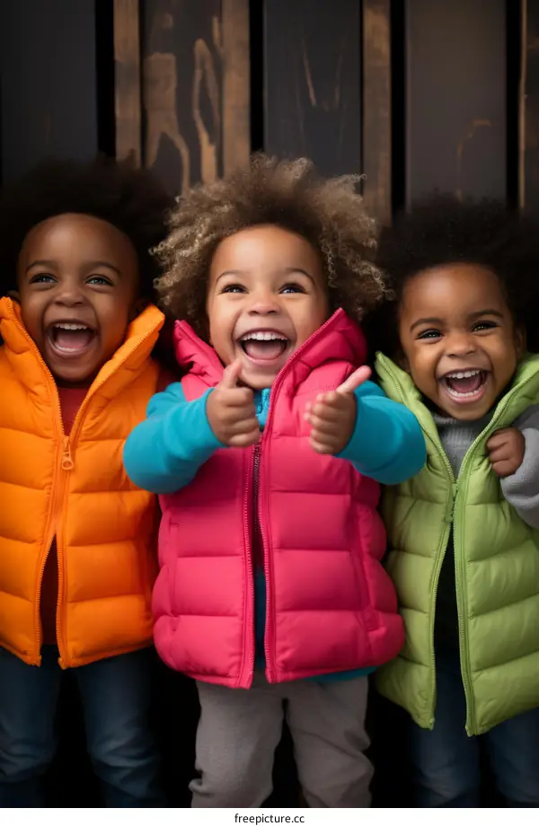 Three happy children in colorful vests
