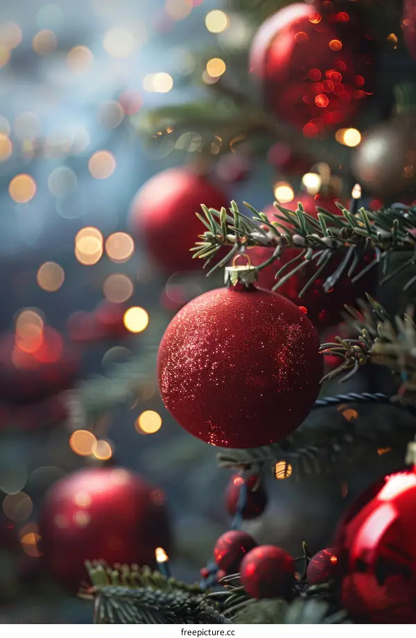 Red Christmas ornaments hanging on a fir tree