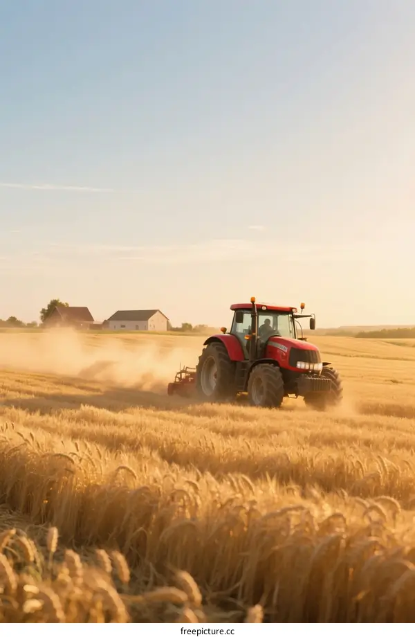 Red Tractor Working in Golden Wheat Field at Sunset