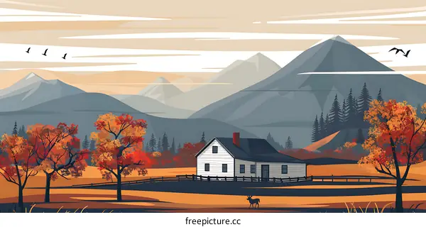 Autumn Mountain Landscape with Cabin and Deer