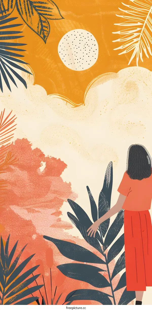 Woman Looking at Sun in Tropical Leaves