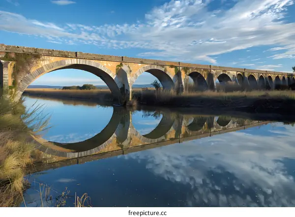 Stone bridge over river reflecting blue sky and clouds