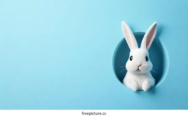 Cute White Rabbit in a Hole on Light Blue Background