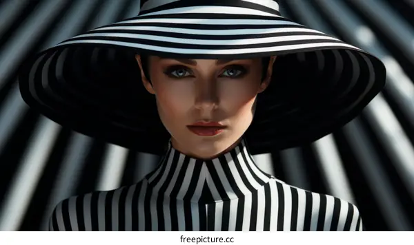 Black and white striped hat and outfit with blue eyes