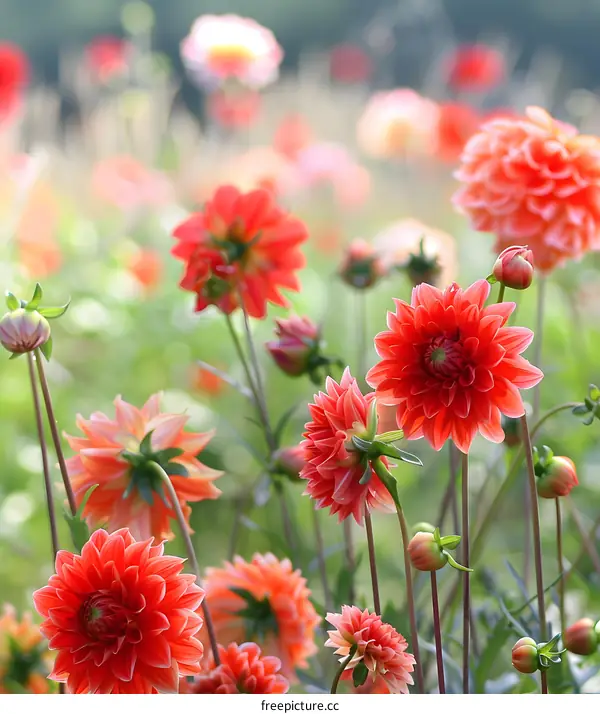 Beautiful Red Dahlias in a Garden