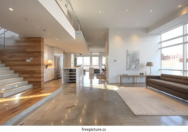 An open floor plan living room with a kitchen, dining area, and living room