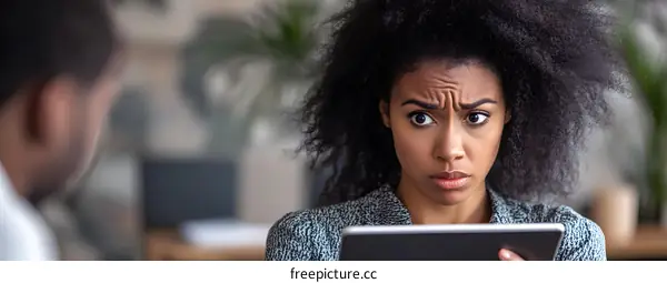 African American Woman Shocked Looking at Tablet