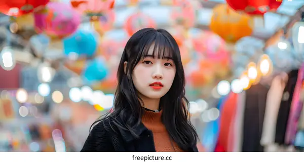 Asian Woman in Red Lipstick Posing with Lanterns