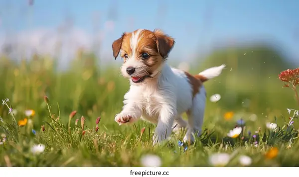 A cute puppy is running in a field of flowers