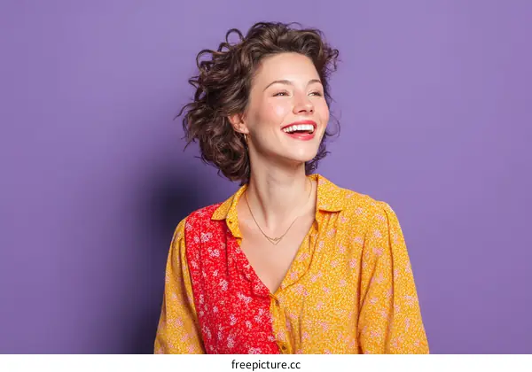 Smiling Woman in a Colorful Floral Print Dress Against a Purple Background